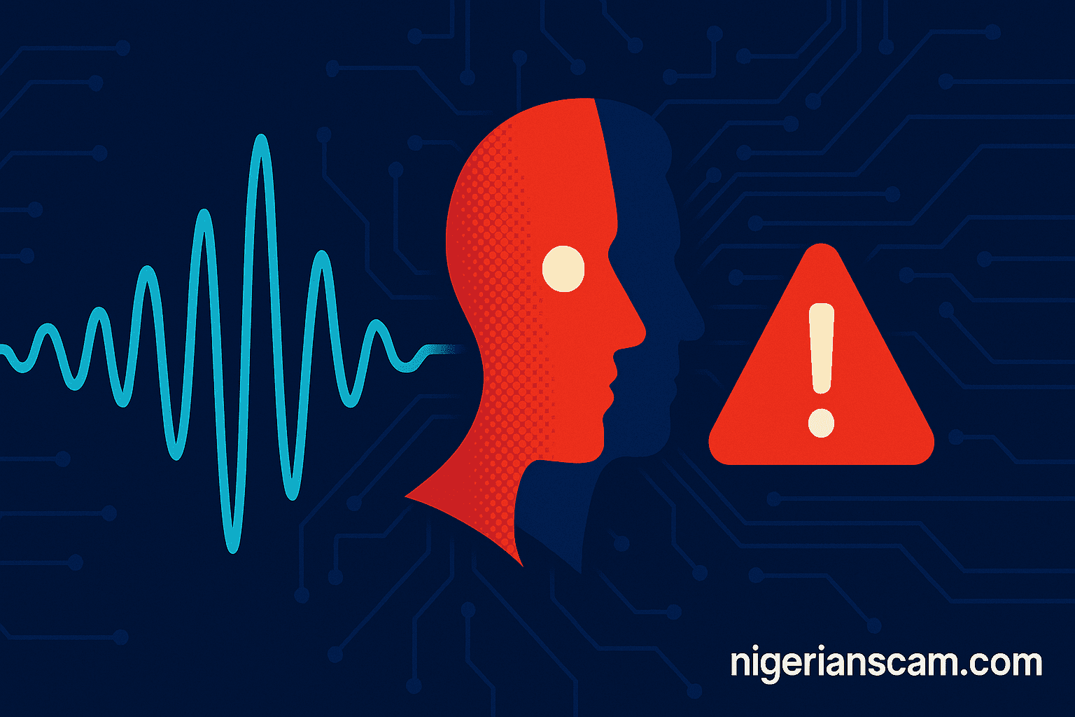 Digital illustration showing an AI-generated human face merging with a waveform and warning icon, symbolizing deepfake and voice cloning scams.