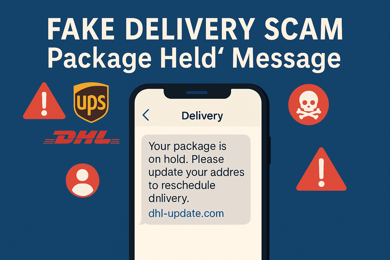 Smartphone displaying a fake courier message reading ‘Package Held’ with phishing warning icons, symbolizing fake delivery scams and online fraud awareness.