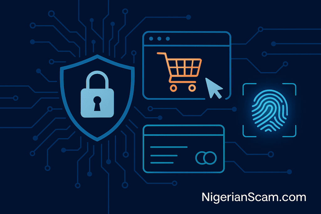 Cybersecurity-themed illustration showing a shield, shopping cart, credit card, and fingerprint icons connected by digital circuit lines, representing how to verify legitimate websites before buying.