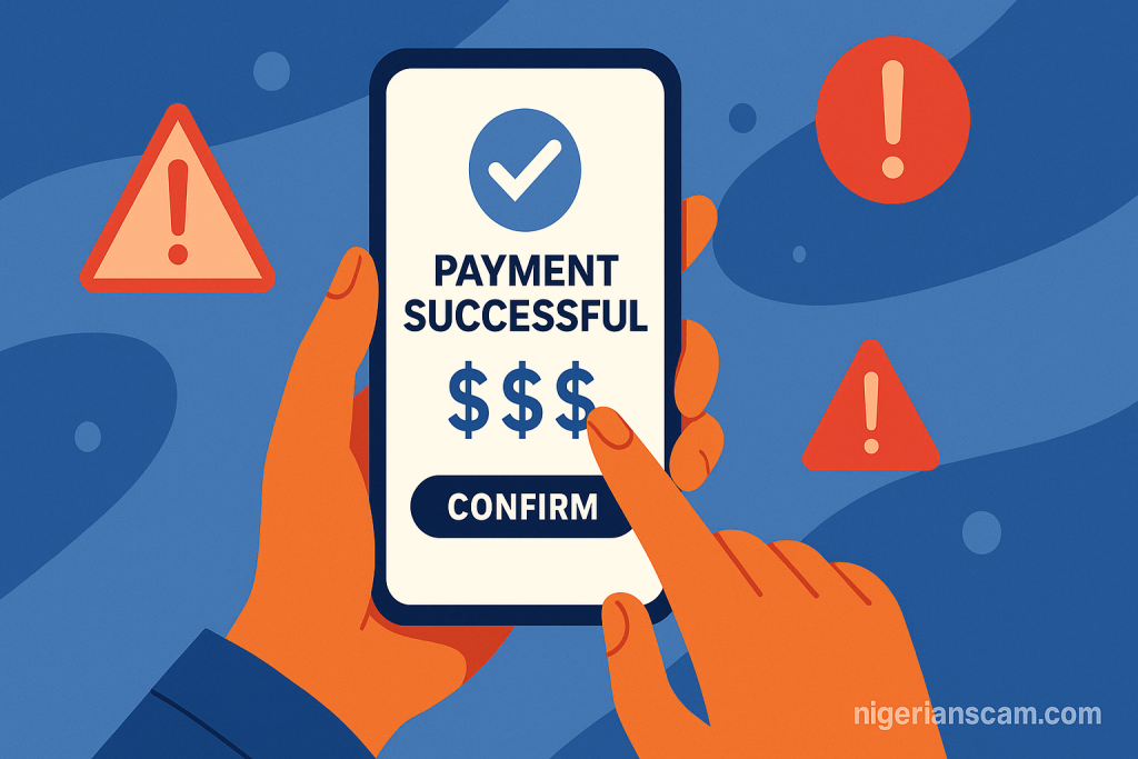 Illustration of a seller holding a smartphone showing a fake “Payment Successful” message, symbolizing marketplace overpayment and escrow scams.