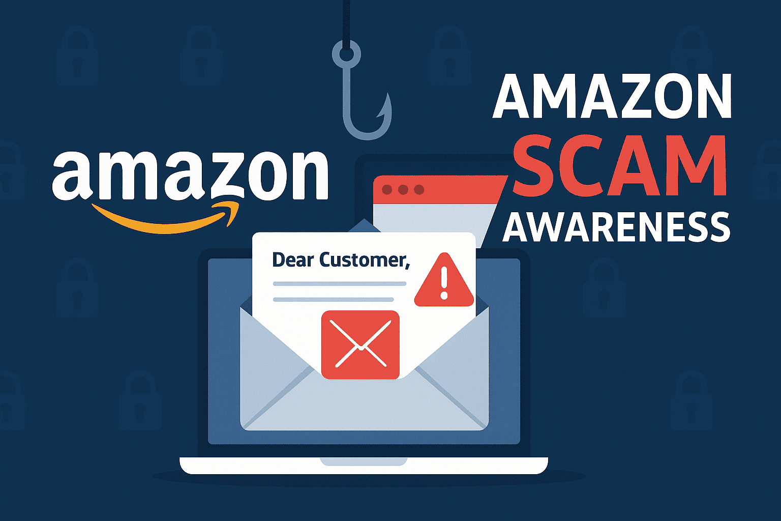 Phishing email warning on a laptop screen with Amazon logo elements, symbolizing Amazon impersonation scams and online fraud awareness.