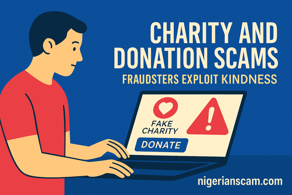 Illustration showing a person using a laptop to donate online while the screen displays a fake charity warning, symbolizing donation scams.