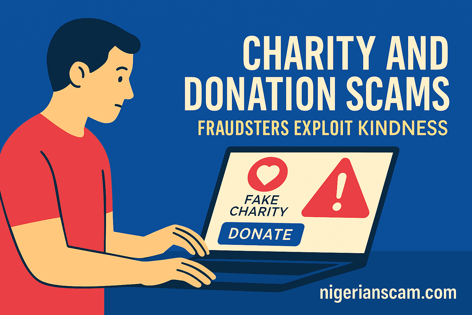 Illustration showing a person using a laptop to donate online while the screen displays a fake charity warning, symbolizing donation scams.