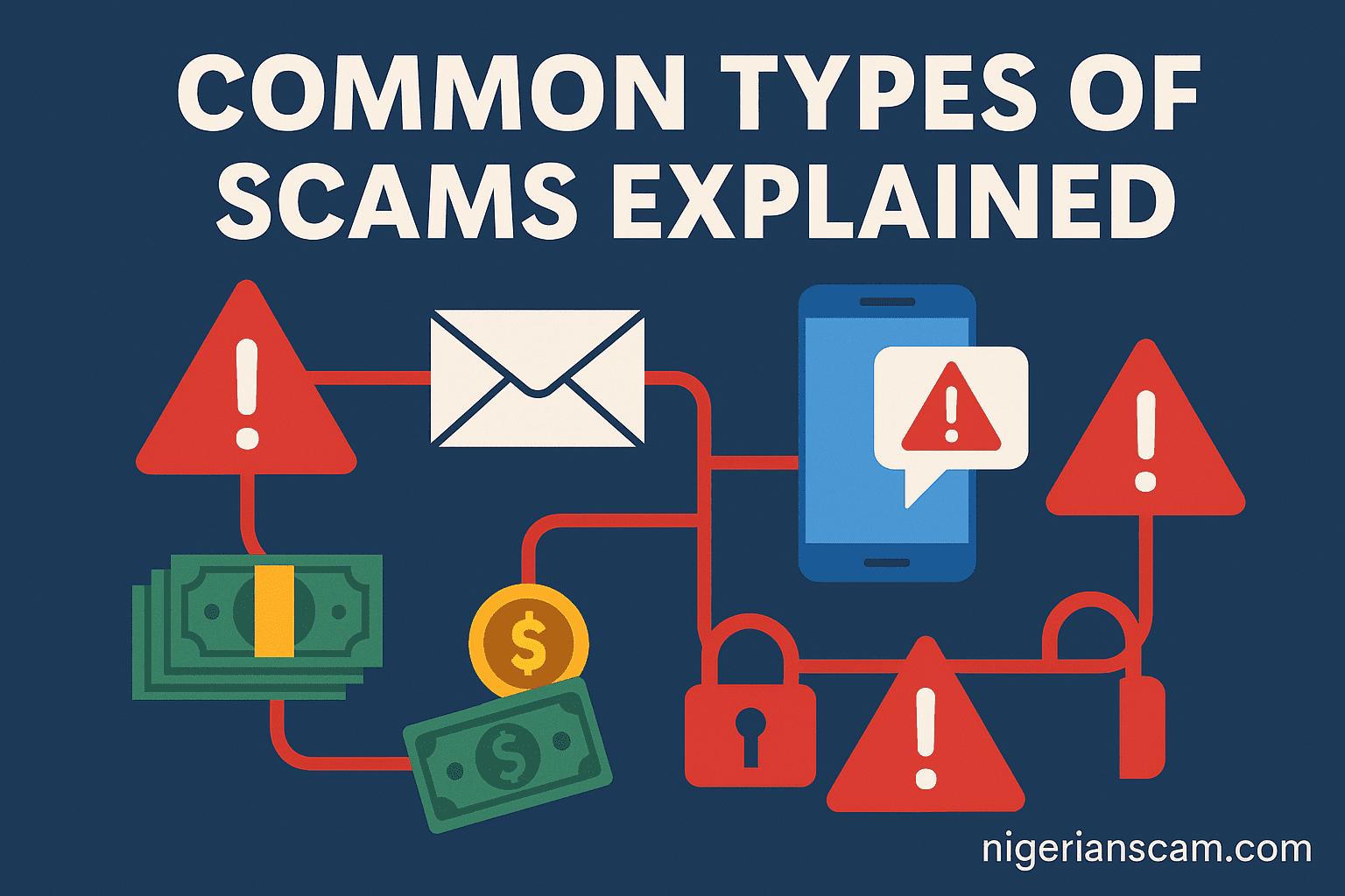 Illustration showing icons for common scams—email, smartphone, money, and warning signs—connected by red lines symbolizing digital fraud.