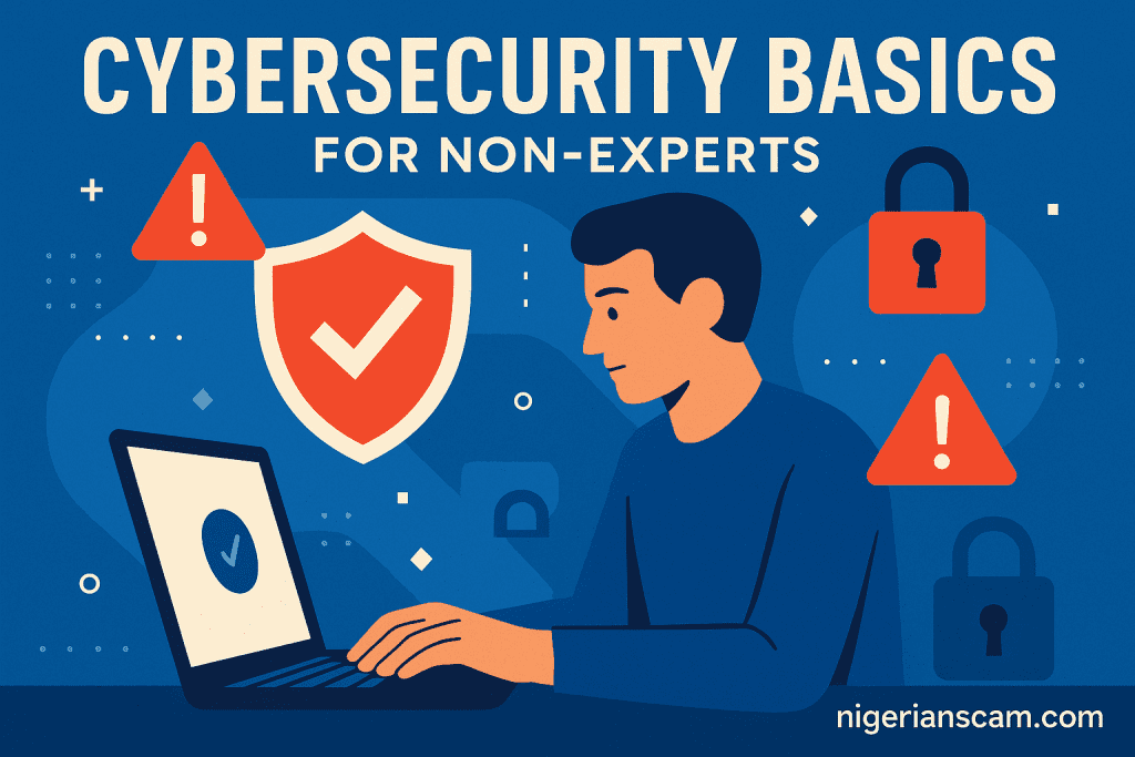 Illustration showing a person using a laptop surrounded by shields, locks, and warning icons, symbolizing cybersecurity awareness.