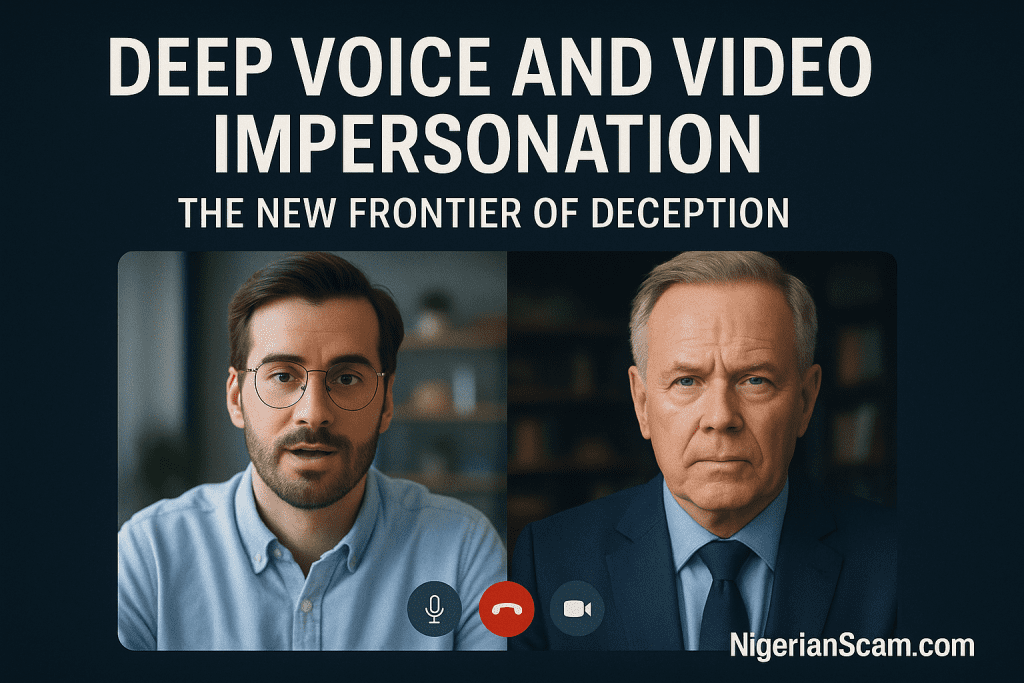 Realistic image showing a smartphone video call where one side is a real person and the other a deepfake impersonation, symbolizing AI-based deception