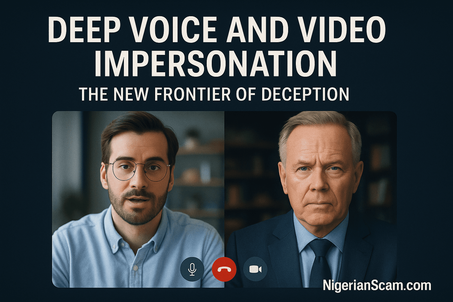 Realistic image showing a smartphone video call where one side is a real person and the other a deepfake impersonation, symbolizing AI-based deception