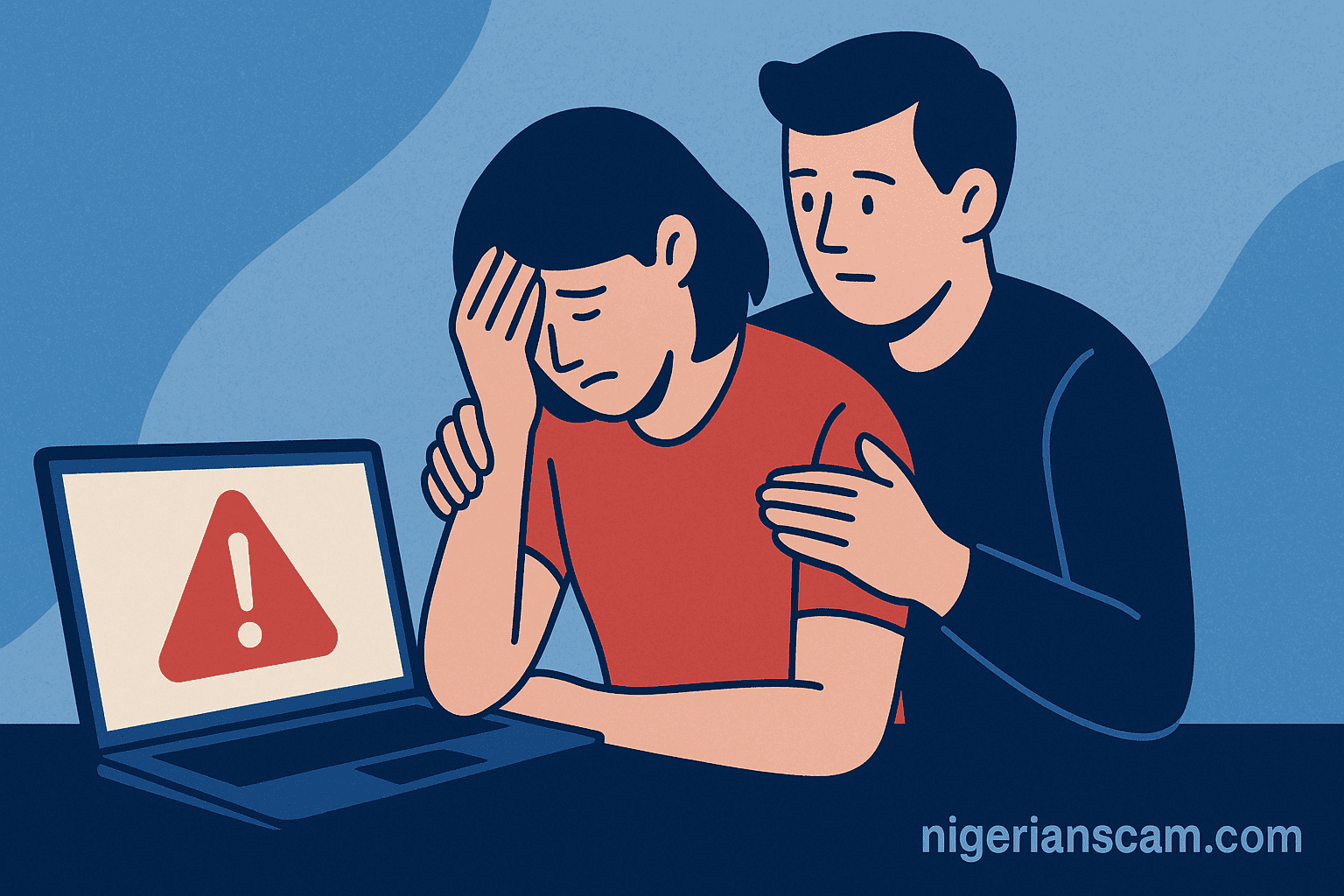 Illustration showing a supportive person comforting another who is upset after seeing a scam warning on a laptop, representing care and recovery after online fraud.