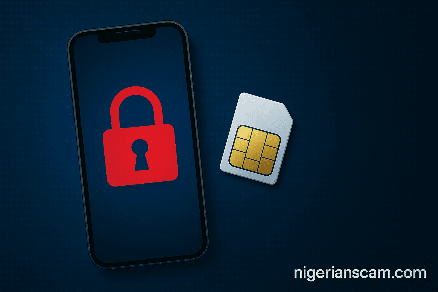 Smartphone, SIM card, and padlock icons on a digital background representing SIM swap and identity theft prevention.