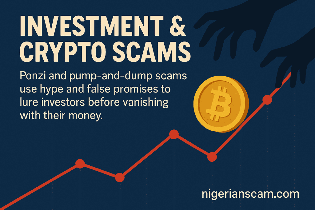 Illustration showing shadowy hands reaching for a rising Bitcoin price chart, symbolizing crypto and investment scams.