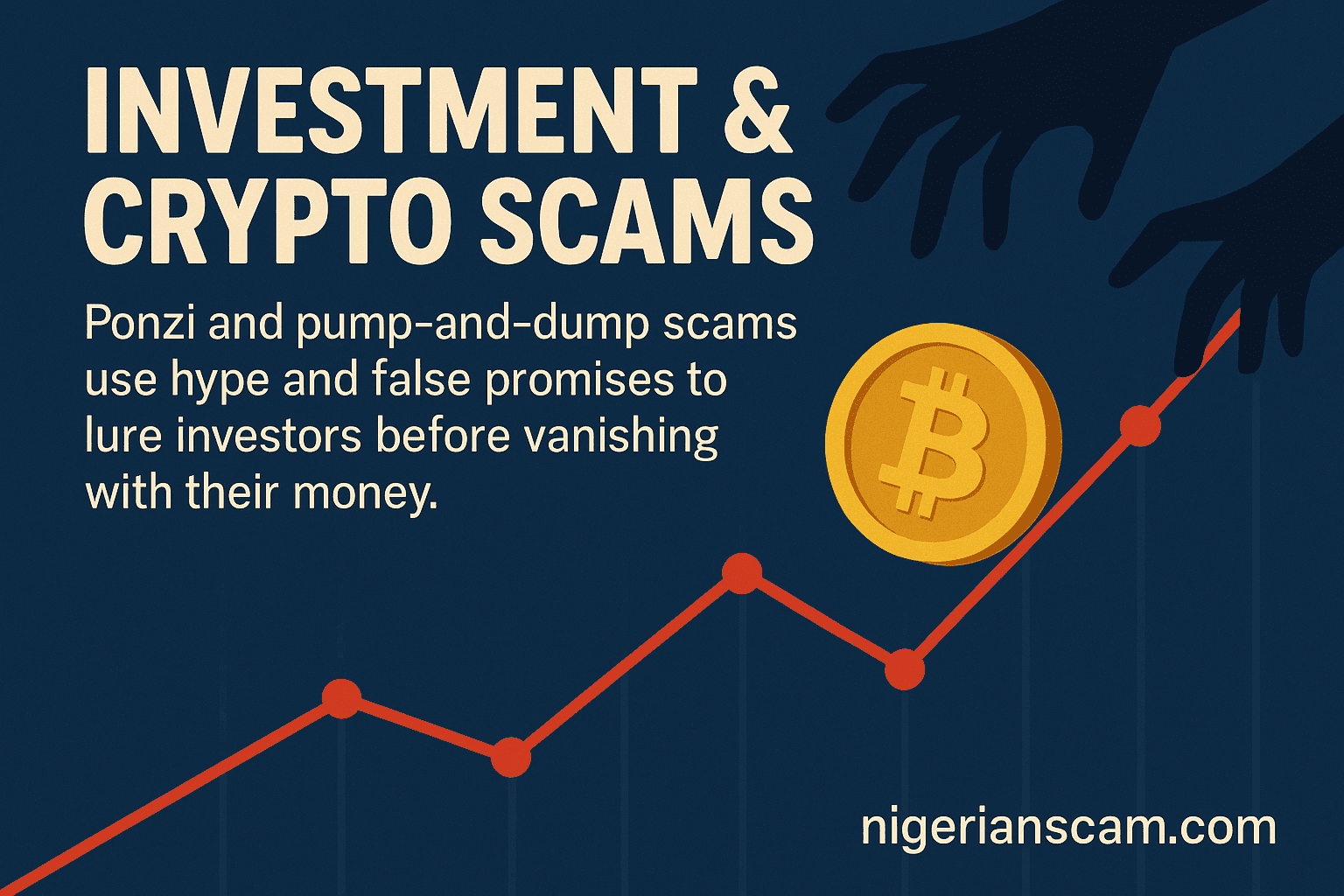 Illustration showing shadowy hands reaching for a rising Bitcoin price chart, symbolizing crypto and investment scams.