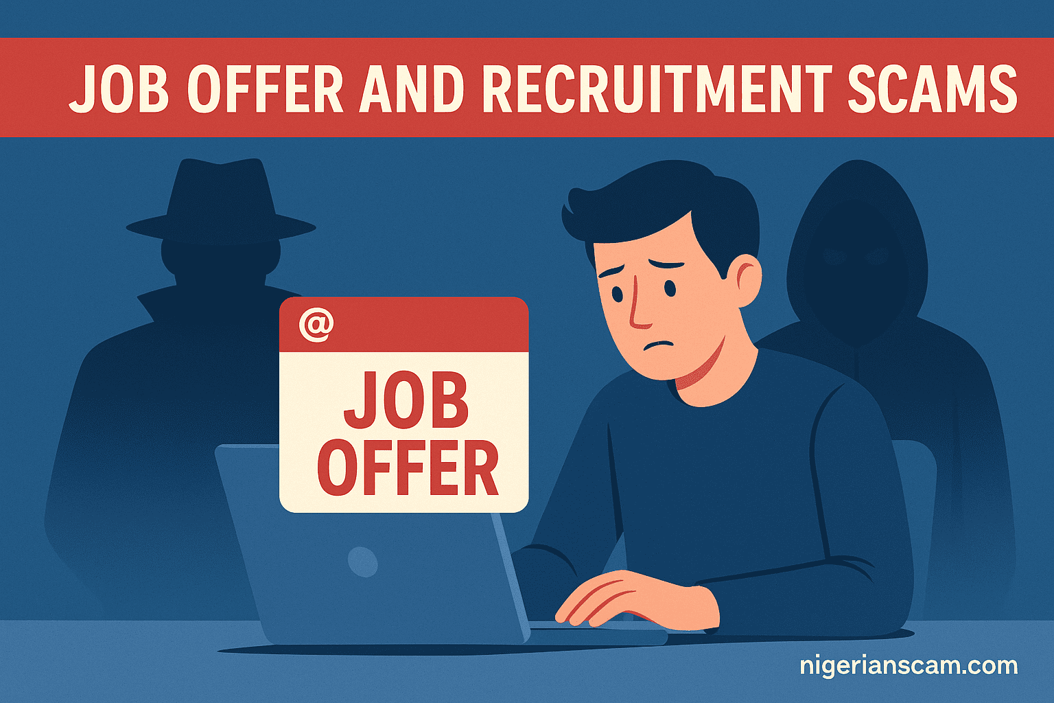 Illustration showing a job seeker reading an email titled “Job Offer” while shadowy scam figures loom behind him, symbolizing fake employment scams.