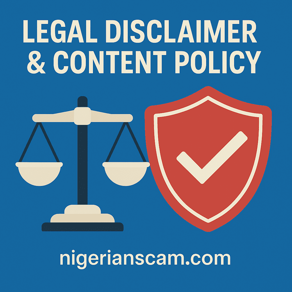 Illustration showing a balanced scale and shield symbolizing fairness, trust, and content integrity, representing NigerianScam.com’s legal disclaimer and content policy.