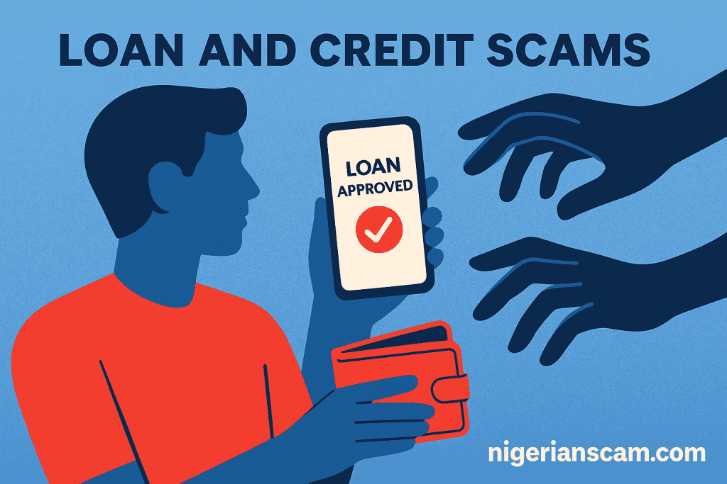 Illustration showing a person holding a phone displaying “Loan Approved” while shadowy hands reach for their wallet, symbolizing loan and credit scams.