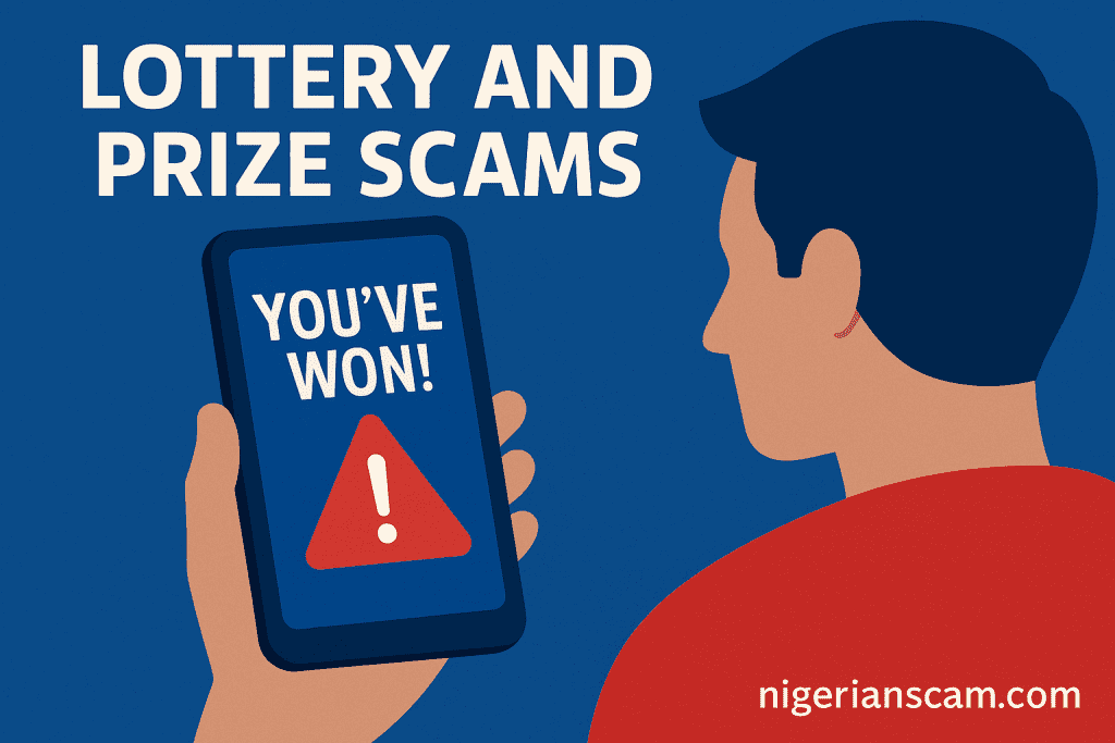 Illustration showing a person holding a smartphone displaying a “You’ve Won!” message with a warning symbol, representing lottery and prize scams.