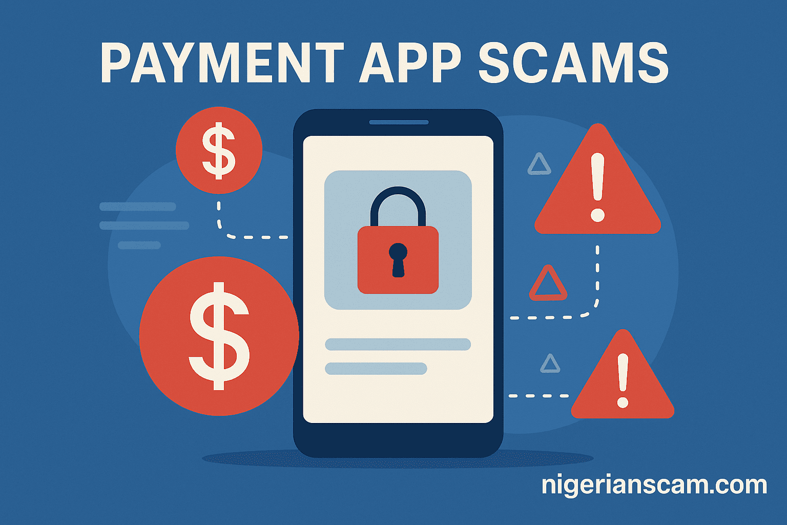 Illustration of a smartphone with a digital lock and warning icons symbolizing mobile payment fraud and online transaction security.