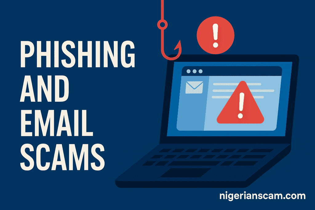 Illustration showing a laptop displaying a phishing email with warning icons, representing the danger of email scams and digital fraud.