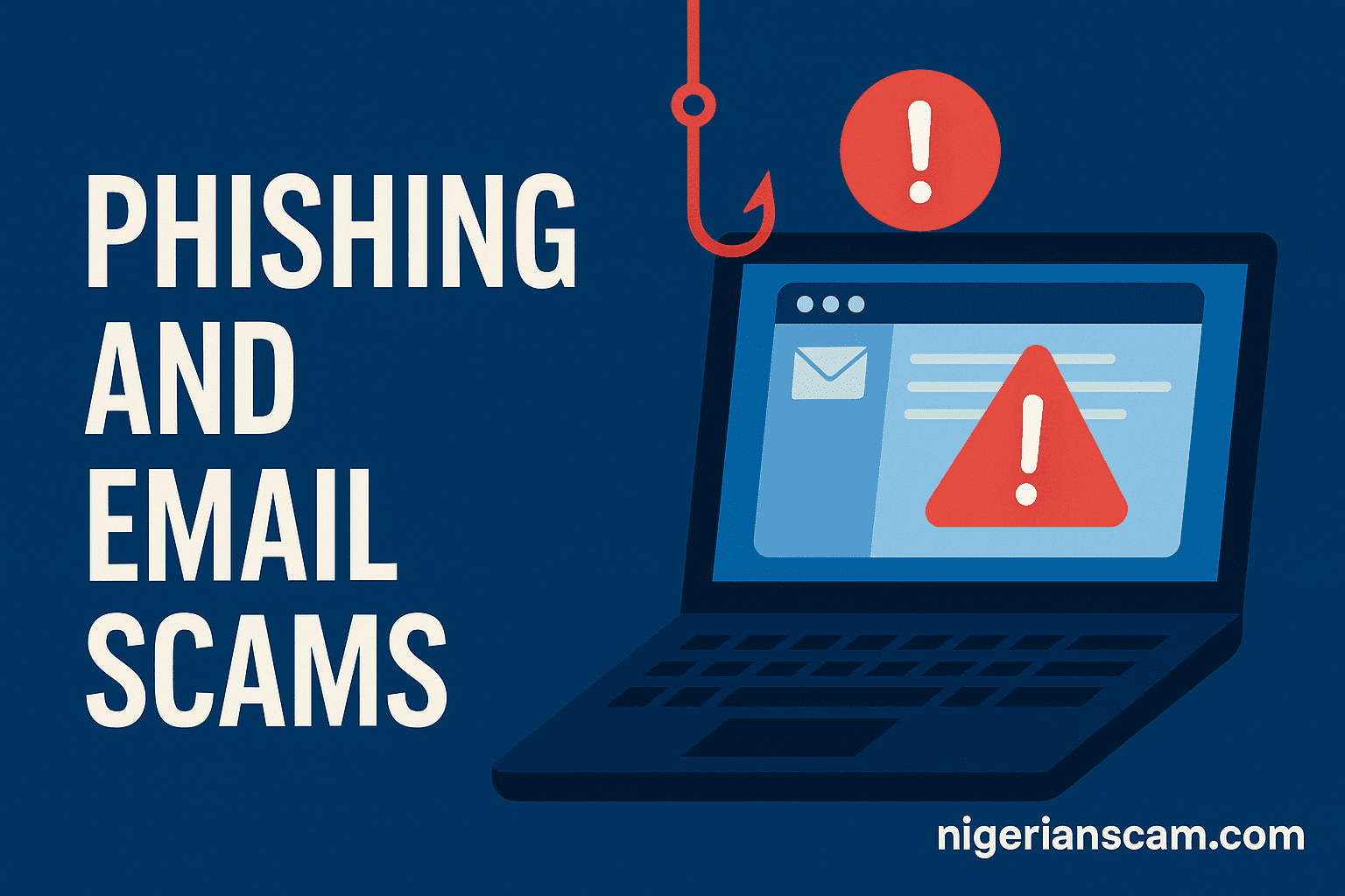 Illustration showing a laptop displaying a phishing email with warning icons, representing the danger of email scams and digital fraud.