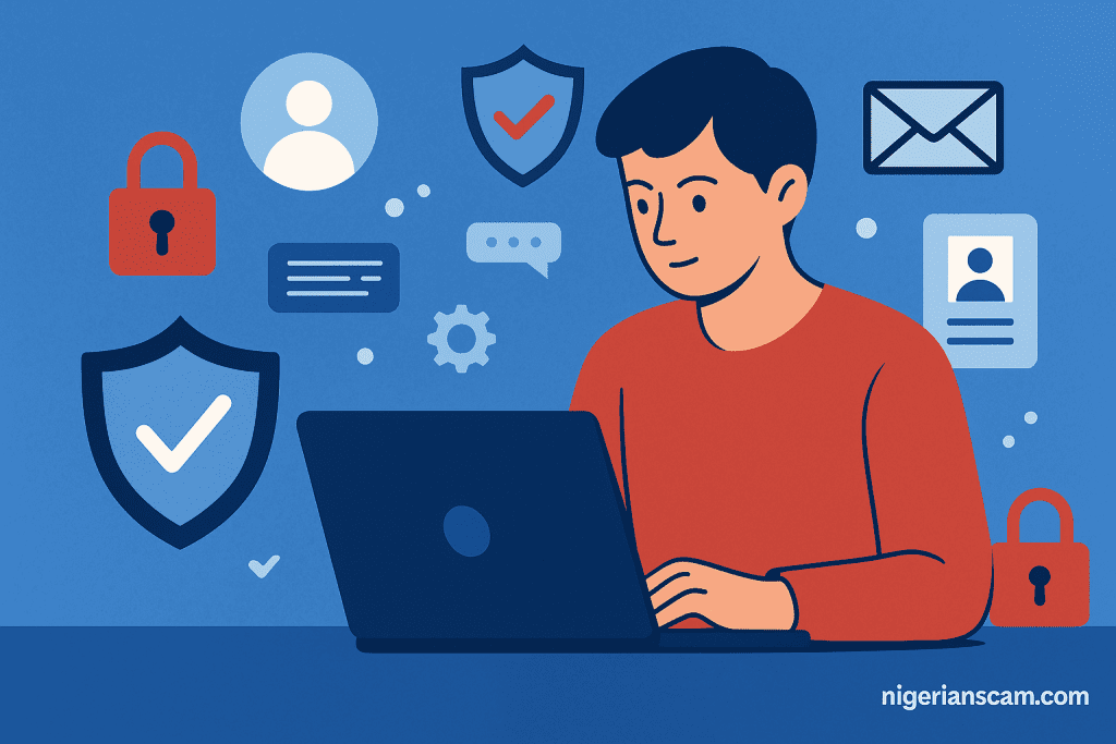 Illustration showing a person using a laptop surrounded by digital locks, shields, and ID icons, representing online identity protection.