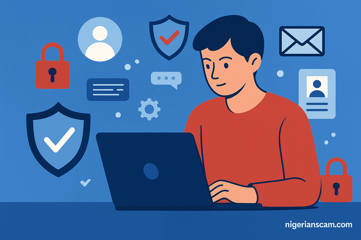 Illustration showing a person using a laptop surrounded by digital locks, shields, and ID icons, representing online identity protection.