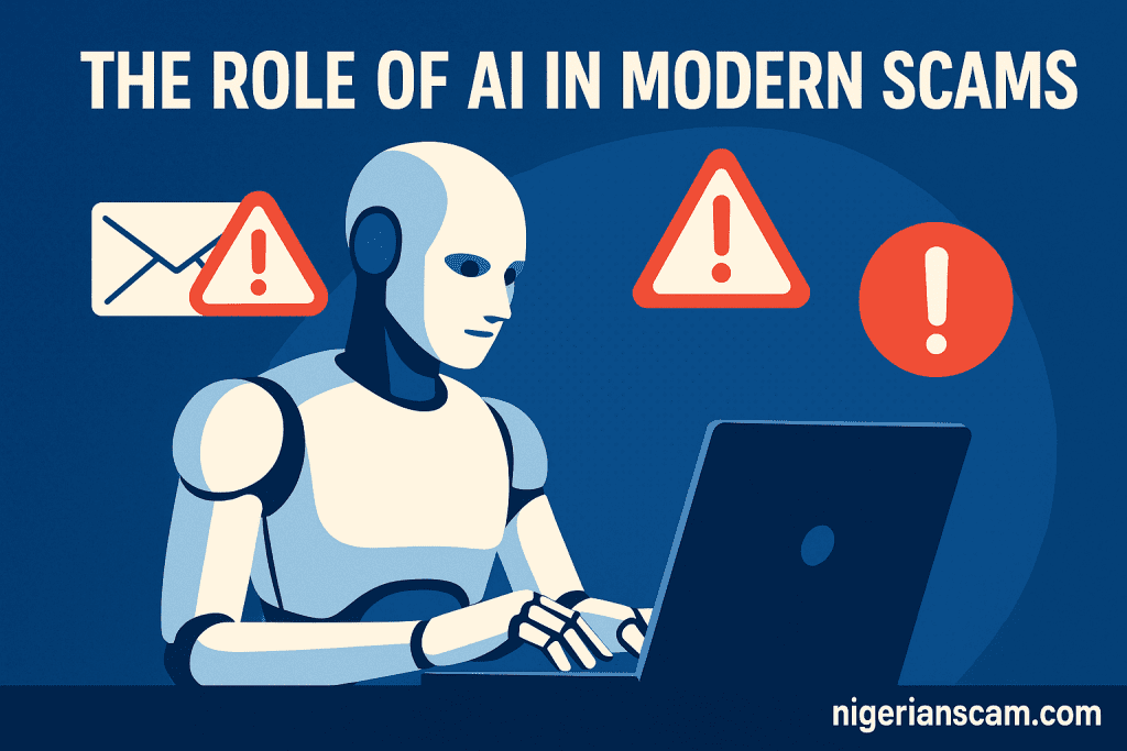 Illustration showing a humanoid robot at a laptop surrounded by warning icons, representing how artificial intelligence can be misused for online scams.