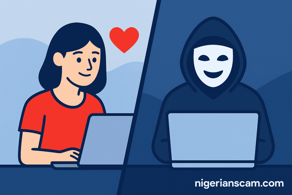 Illustration showing a split scene where a woman chats online with a heart above her laptop, unaware that the person on the other side is a masked scammer, symbolizing romance and dating scams.