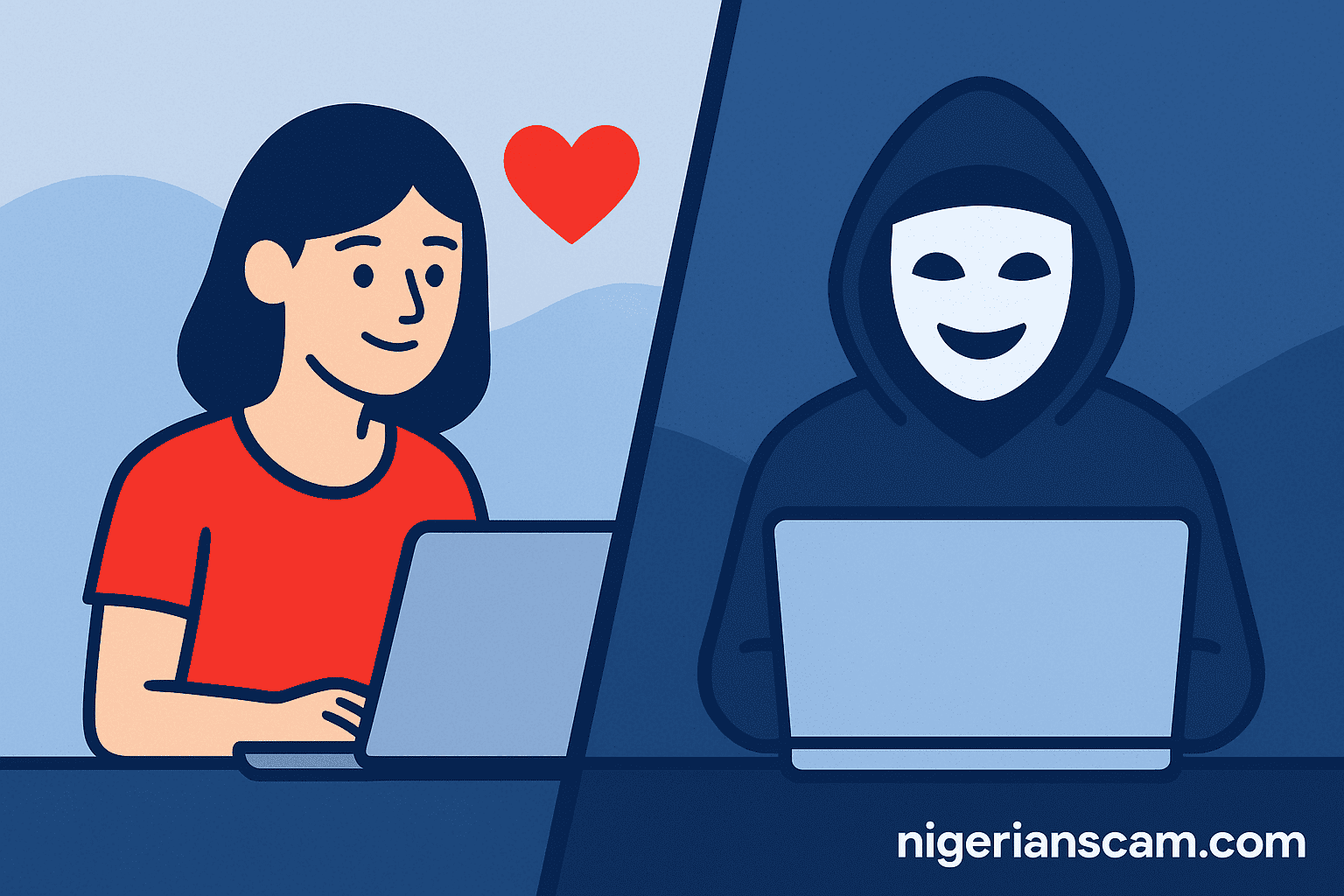 Illustration showing a split scene where a woman chats online with a heart above her laptop, unaware that the person on the other side is a masked scammer, symbolizing romance and dating scams.