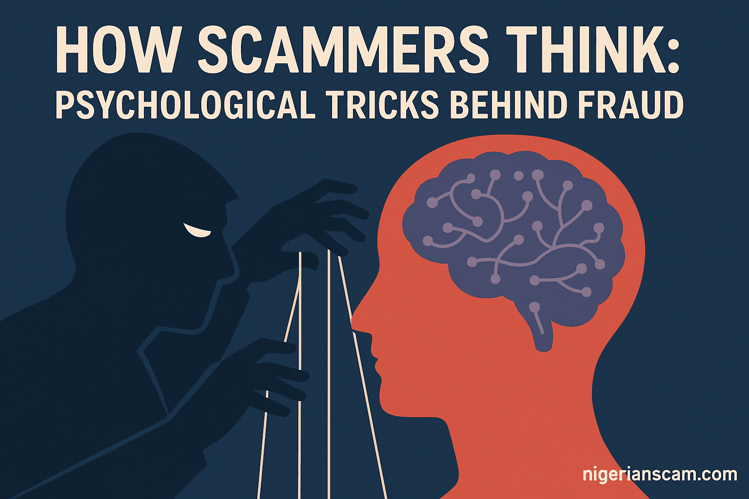 Illustration of a human silhouette controlled by strings connected to a puppet hand, symbolizing how scammers manipulate human psychology and emotions.
