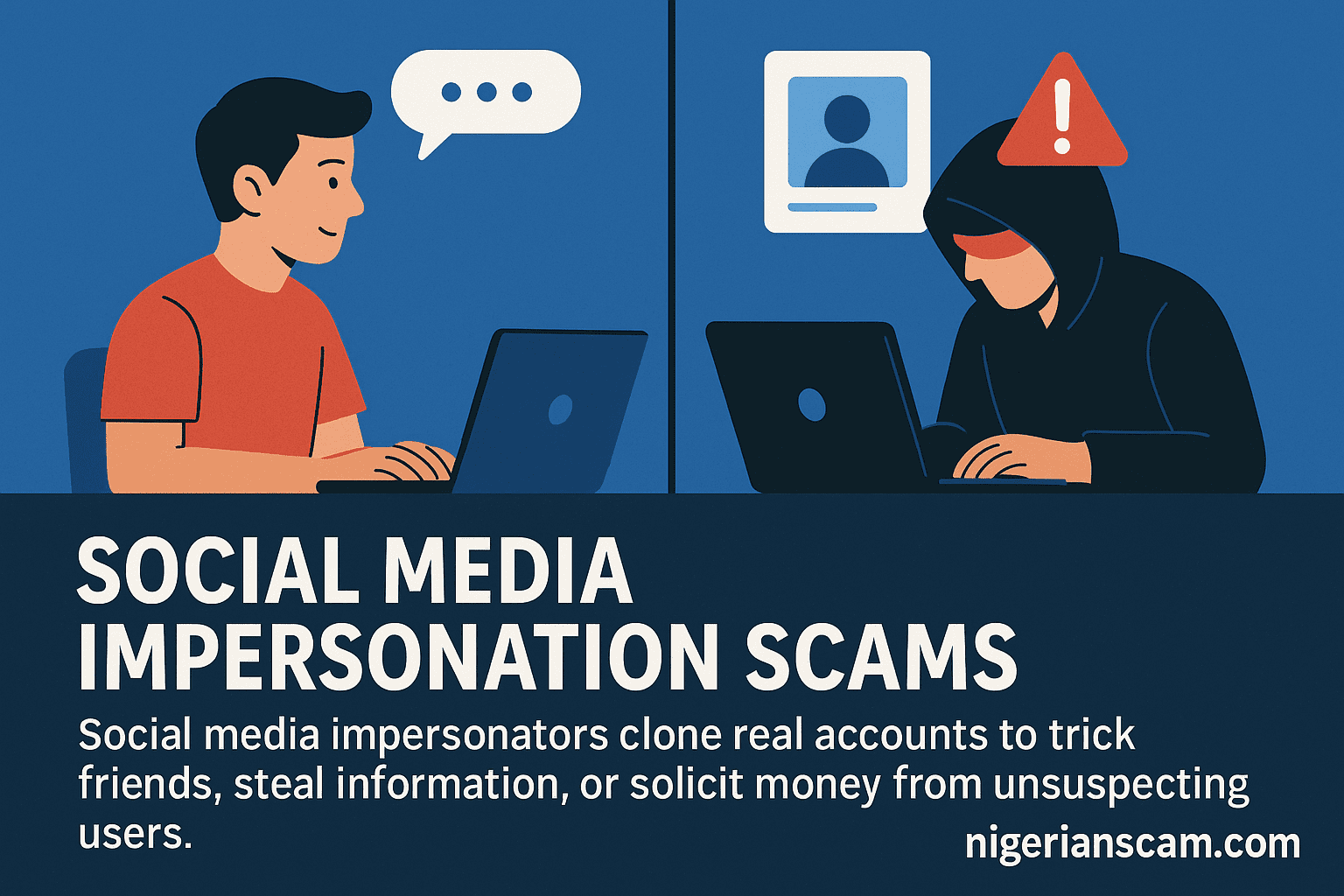 Illustration showing a real person chatting online while a hooded scammer uses a cloned social media profile, symbolizing social media impersonation scams.