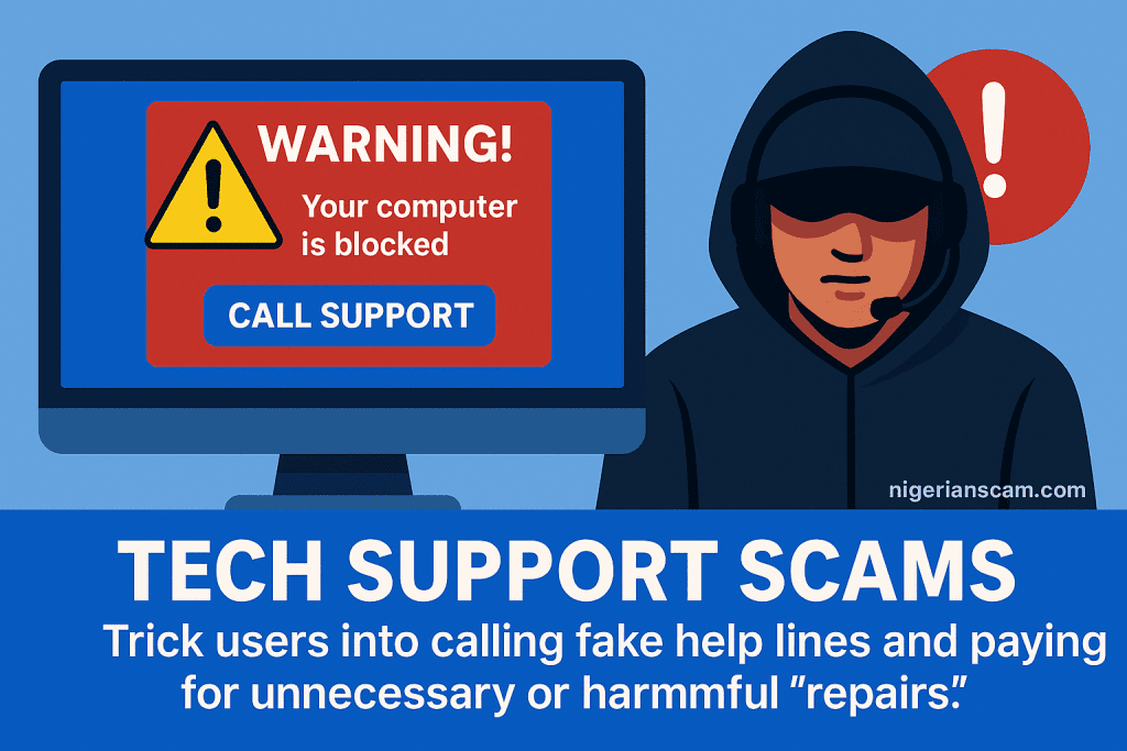 Illustration showing a computer with a fake pop-up warning and a hooded scammer in a headset, symbolizing tech support scams.