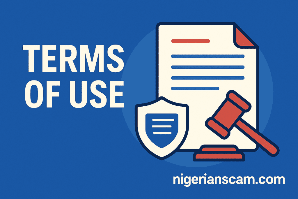 Illustration showing a digital gavel and document labeled “Terms of Use,” symbolizing compliance and accountability.