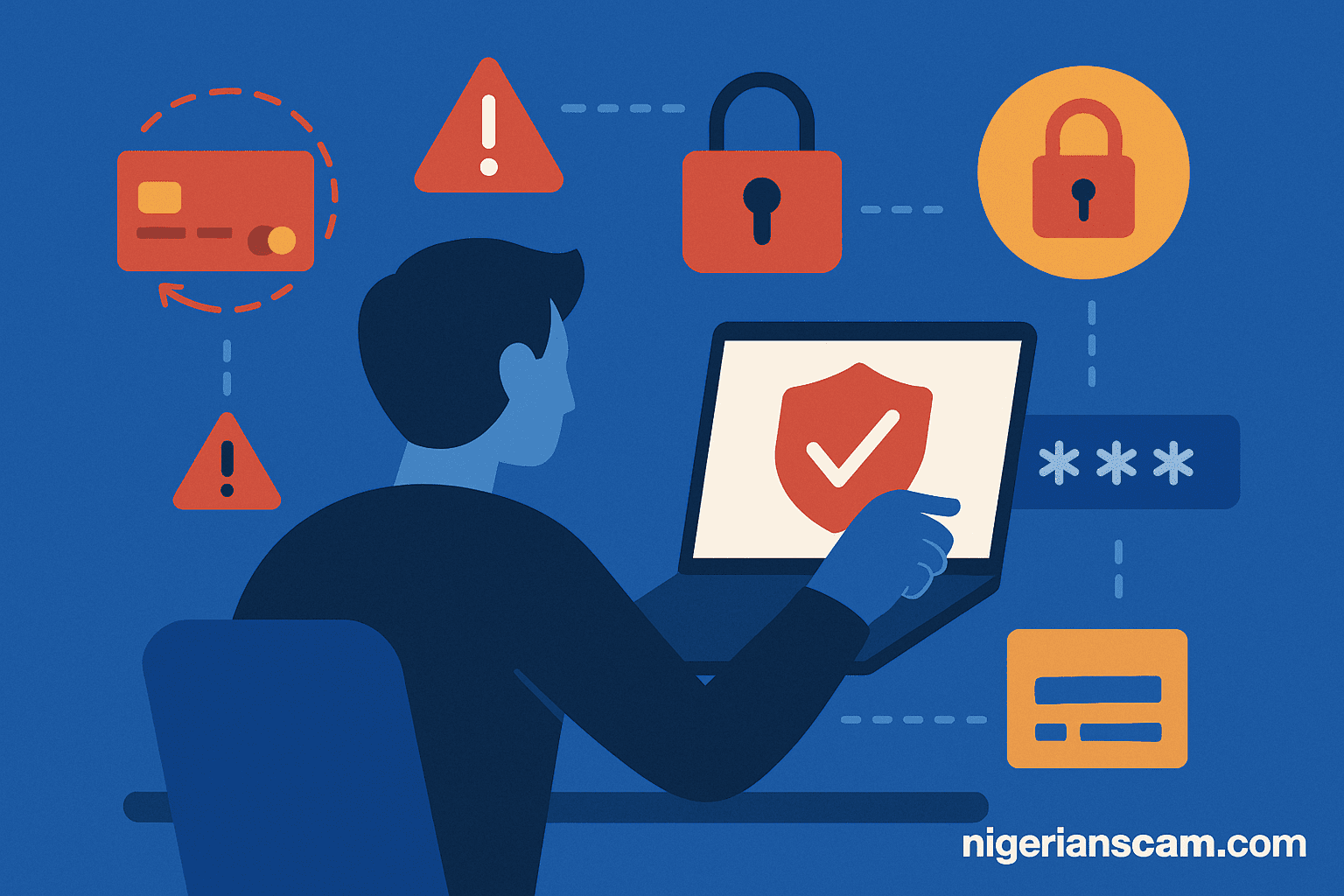 Illustration showing a person regaining control of their online accounts with a shield icon on a laptop screen, representing scam recovery and digital safety.