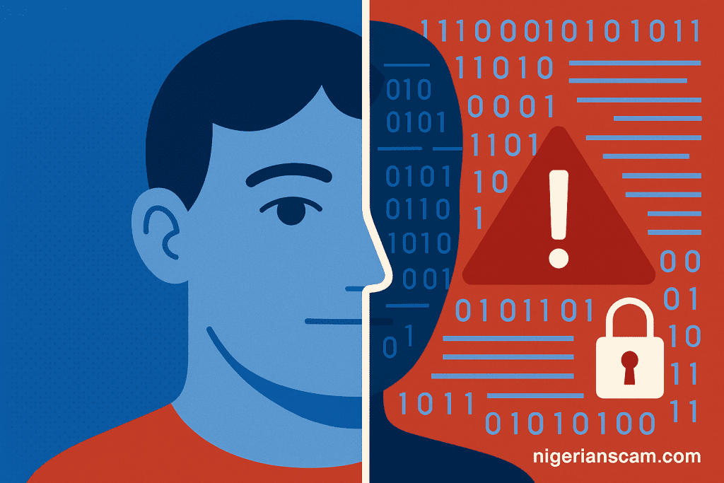 Illustration split into two halves: one side showing a human face representing emotion and trust, the other side filled with binary code and warning icons symbolizing technology and online scams.