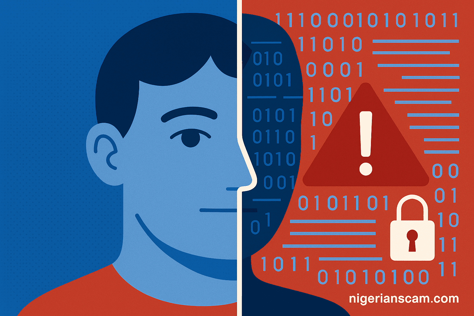 Illustration split into two halves: one side showing a human face representing emotion and trust, the other side filled with binary code and warning icons symbolizing technology and online scams.