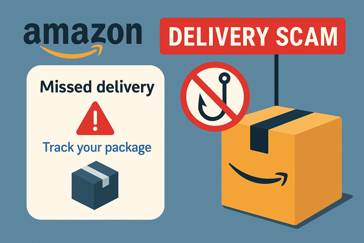 Illustration showing a fake Amazon delivery notice with a phishing warning and a package icon, representing the Amazon Delivery Scam.