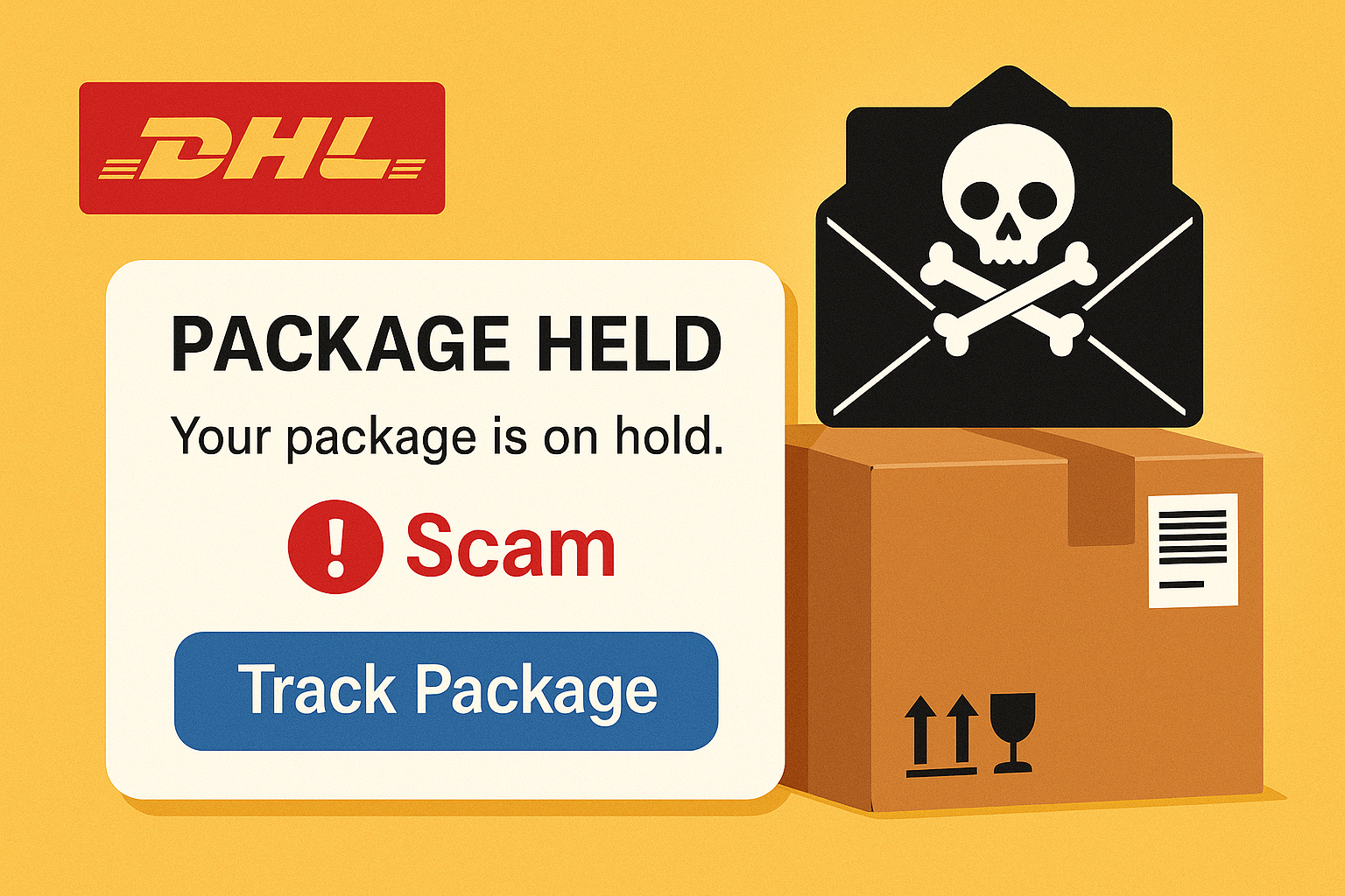 DHL-themed scam warning graphic showing a fake “Package Held” notice, a phishing alert icon, and a parcel beside a black envelope with a skull symbol.