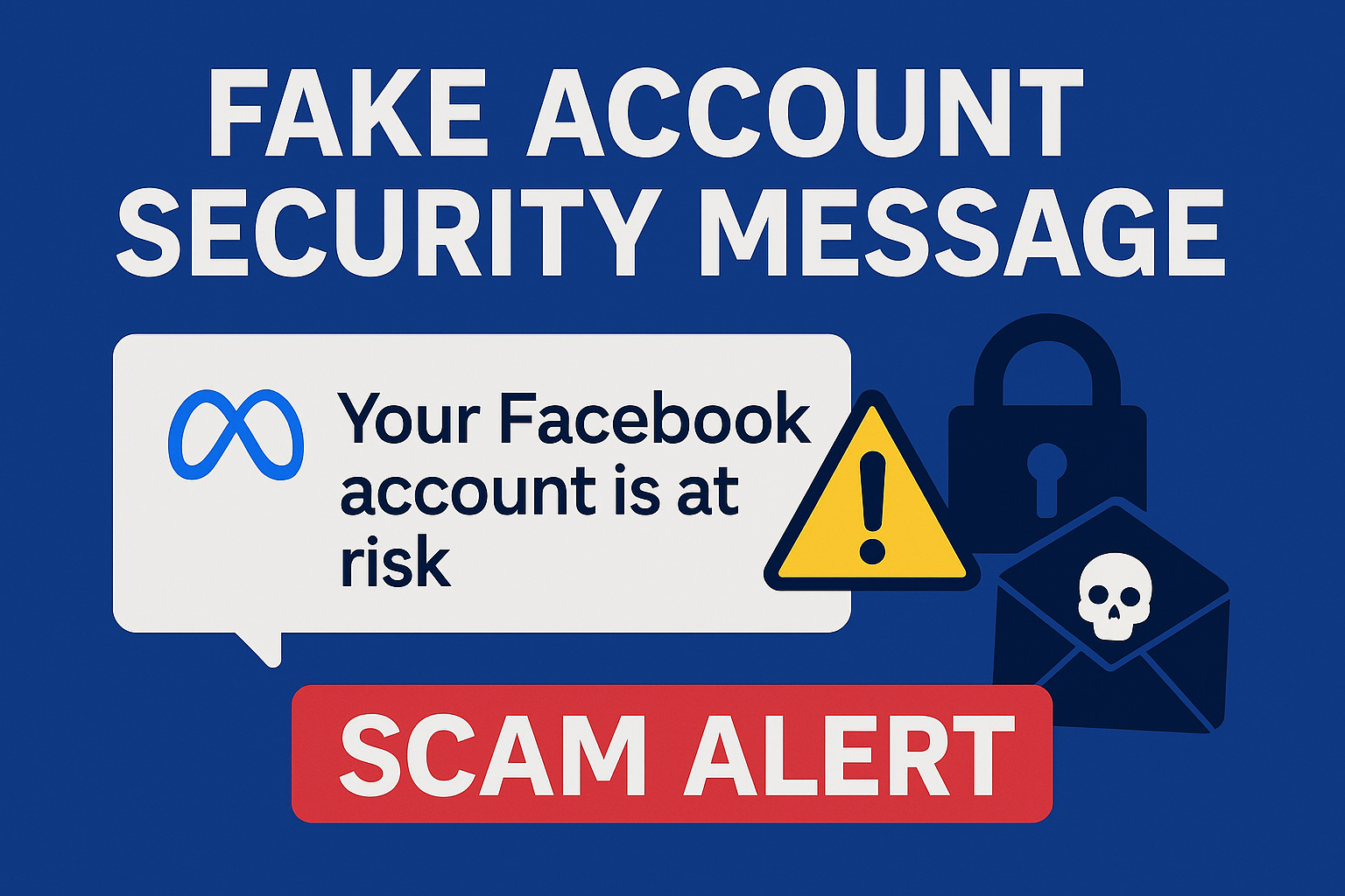 Illustration warning about fake Facebook and Meta security messages, showing a phishing alert icon, lock symbol, and scam notification.