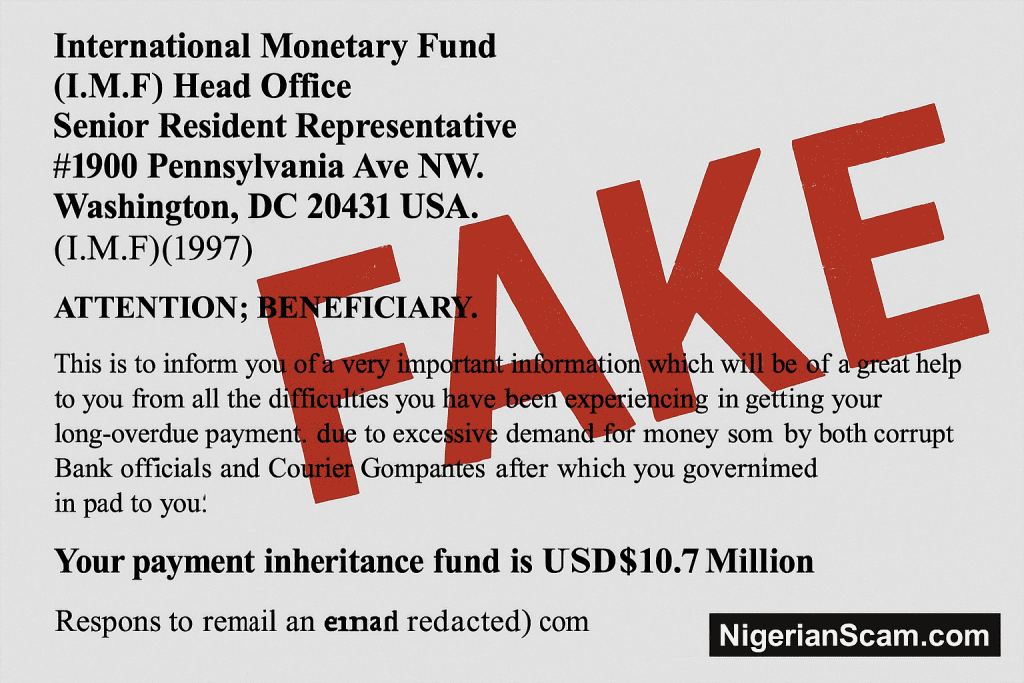 Fake International Monetary Fund (IMF) email scam with “FAKE” in red across the message and NigerianScam.com watermark at the bottom right.