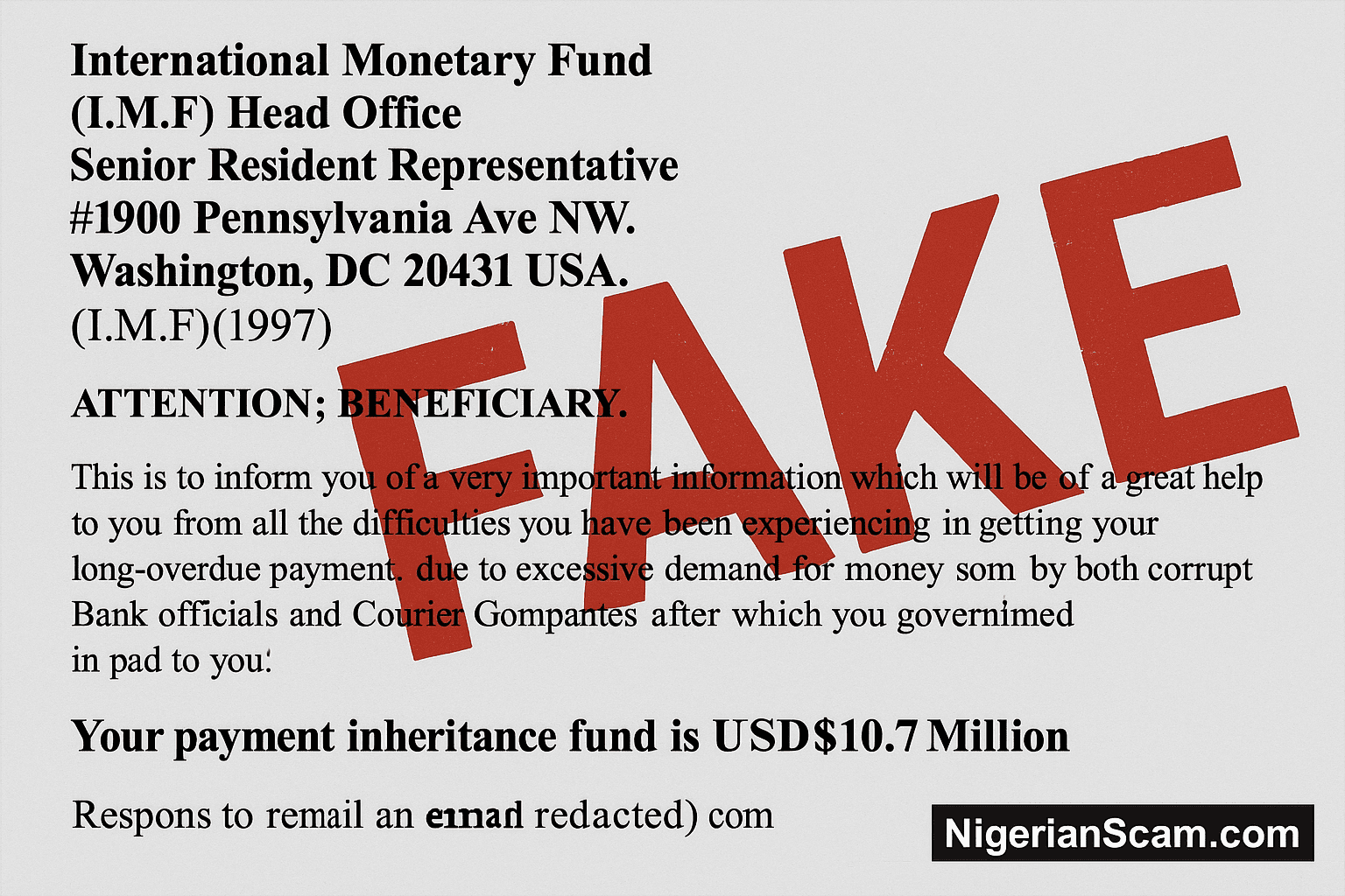 Fake International Monetary Fund (IMF) email scam with “FAKE” in red across the message and NigerianScam.com watermark at the bottom right.