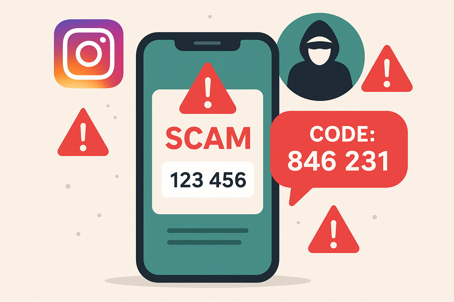 Illustration showing a scam alert on a smartphone with Instagram branding, a fraudulent verification code message, and warning icons indicating a phishing attempt.