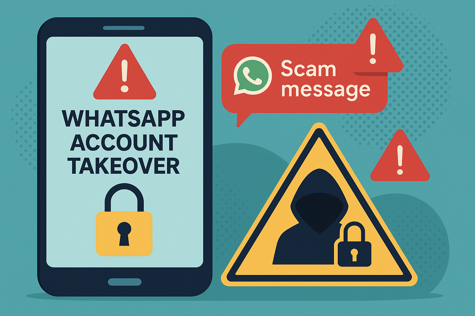 Illustration showing a WhatsApp account takeover warning, featuring a smartphone with a scam alert, a hooded figure icon, and red exclamation symbols.
